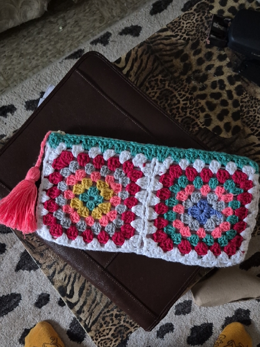 Handmade Crochet Colorful Granny Square Clutch — Fully Lined & Zip Top Closure - Picture 2 of 7